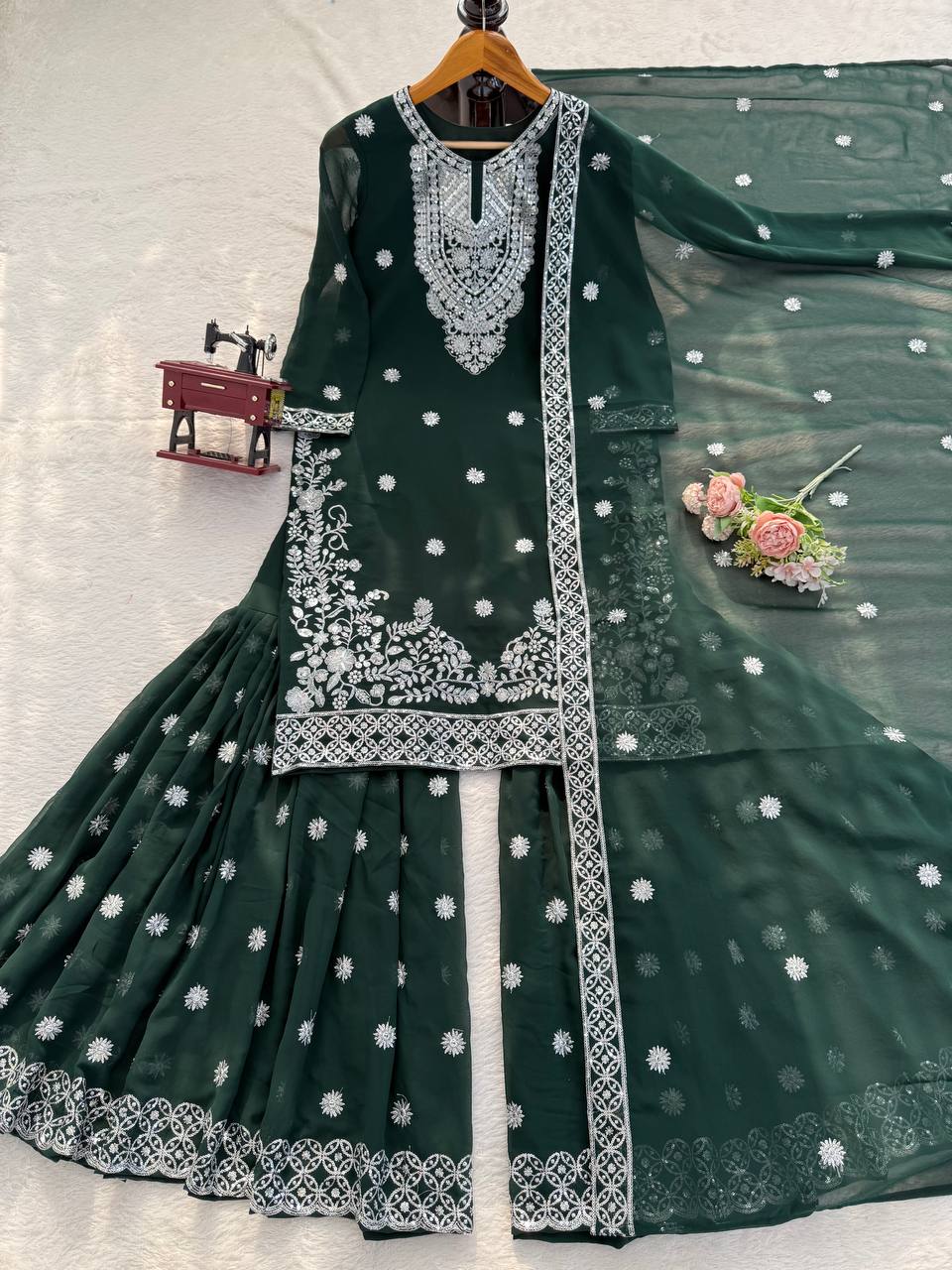 Green faux georgette thread with sequence work top-palazzo and dupatta set