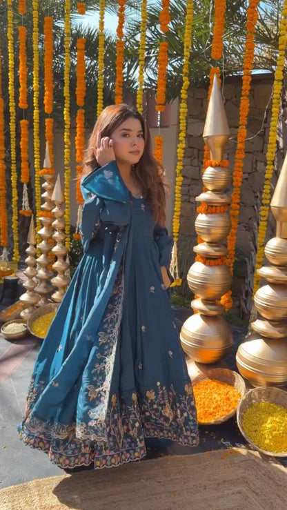 Blue crep silk thread & sequence work anarkali With palazzo set