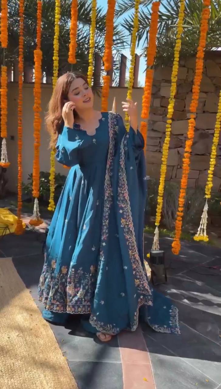 Blue crep silk thread & sequence work anarkali With palazzo set