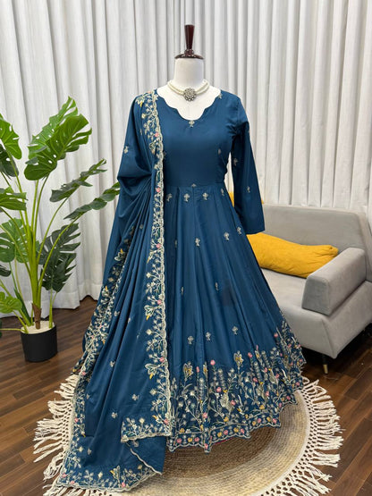 Blue crep silk thread & sequence work anarkali With palazzo set