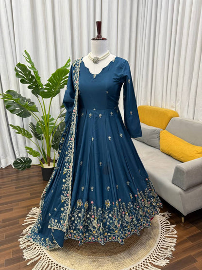 Blue crep silk thread & sequence work anarkali With palazzo set