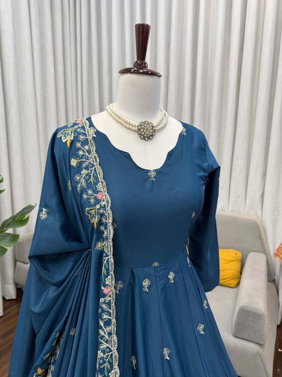 Blue crep silk thread & sequence work anarkali With palazzo set