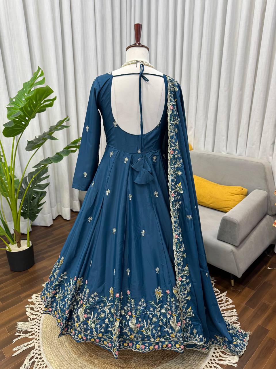 Blue crep silk thread & sequence work anarkali With palazzo set