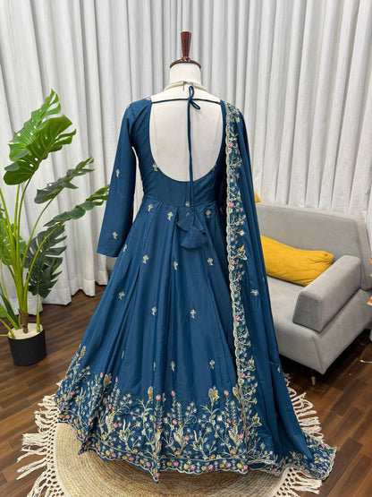 Blue crep silk thread & sequence work anarkali With palazzo set