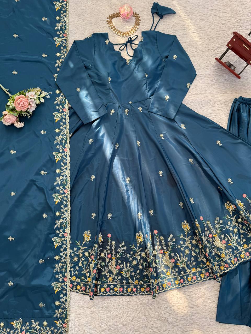 Blue crep silk thread & sequence work anarkali With palazzo set