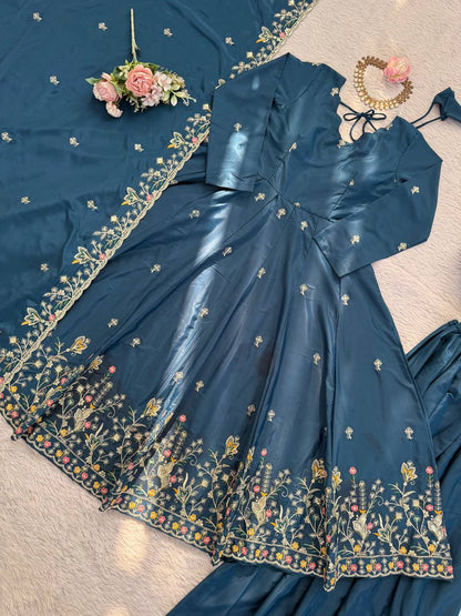 Blue crep silk thread & sequence work anarkali With palazzo set