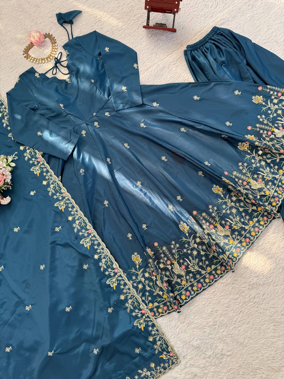 Blue crep silk thread & sequence work anarkali With palazzo set