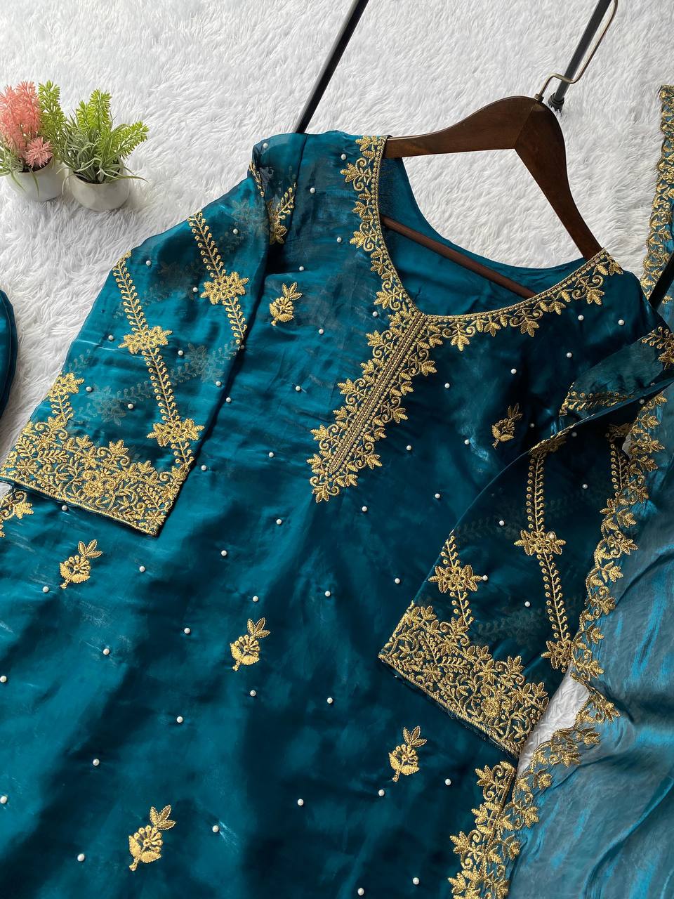 Blue zimmy choo sequence embroidery with beads top, palazzo and dupatta