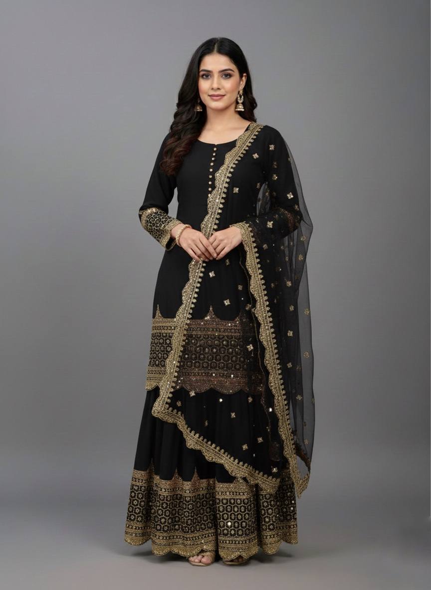 Black faux georgette embroidery sequence work top, sharara & dupatta