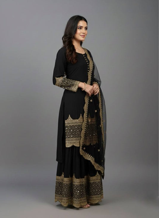 Black faux georgette embroidery sequence work top, sharara & dupatta