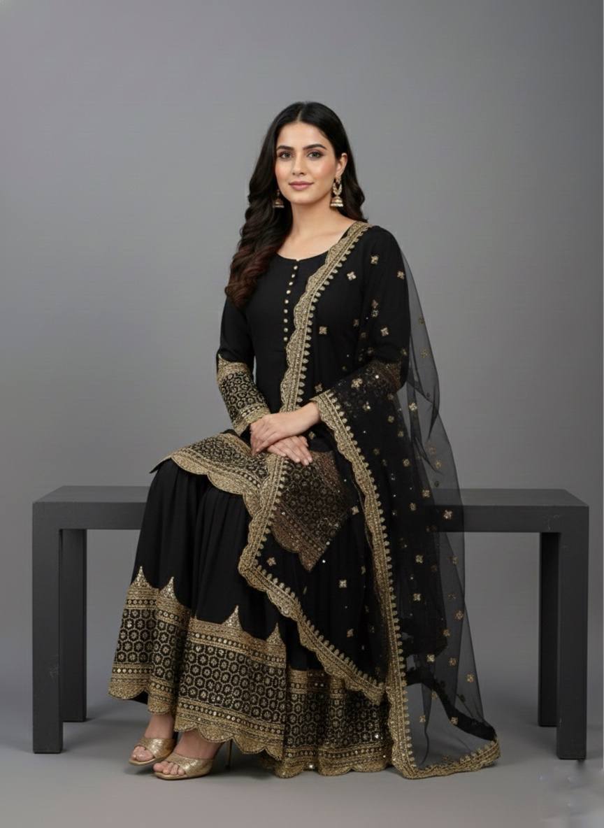 Black faux georgette embroidery sequence work top, sharara & dupatta