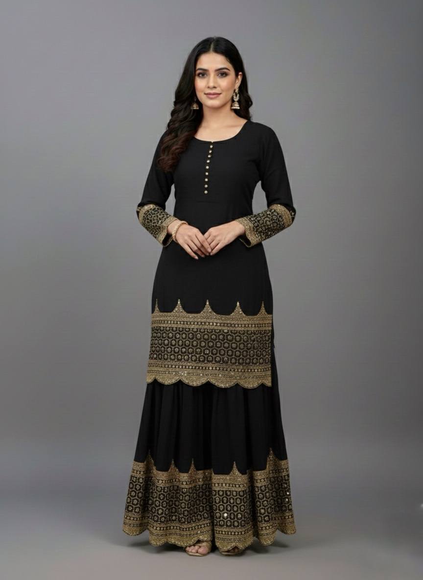 Black faux georgette embroidery sequence work top, sharara & dupatta