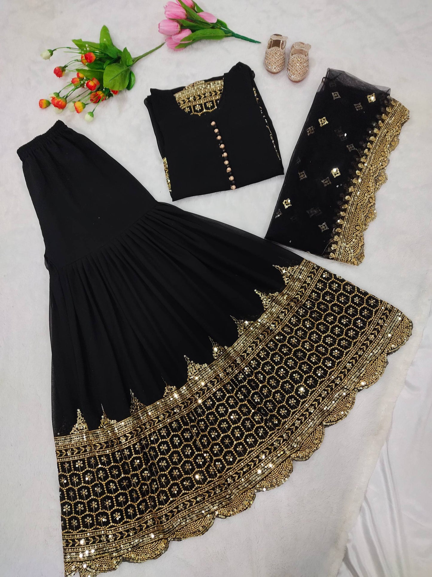 Black faux georgette embroidery sequence work top, sharara & dupatta