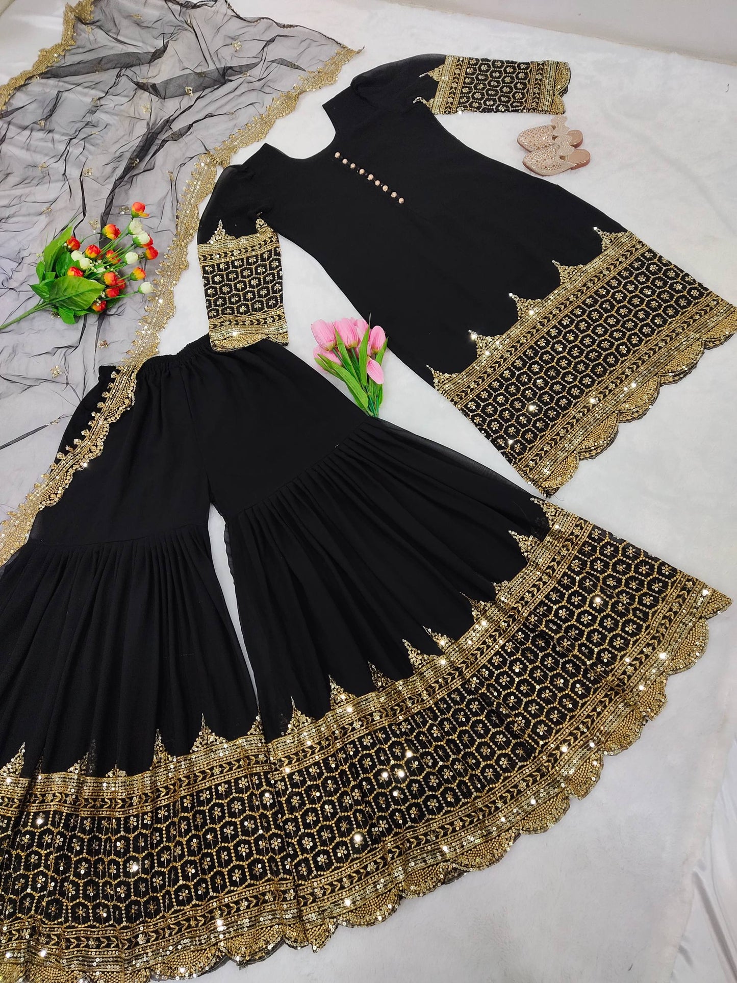 Black faux georgette embroidery sequence work top, sharara & dupatta