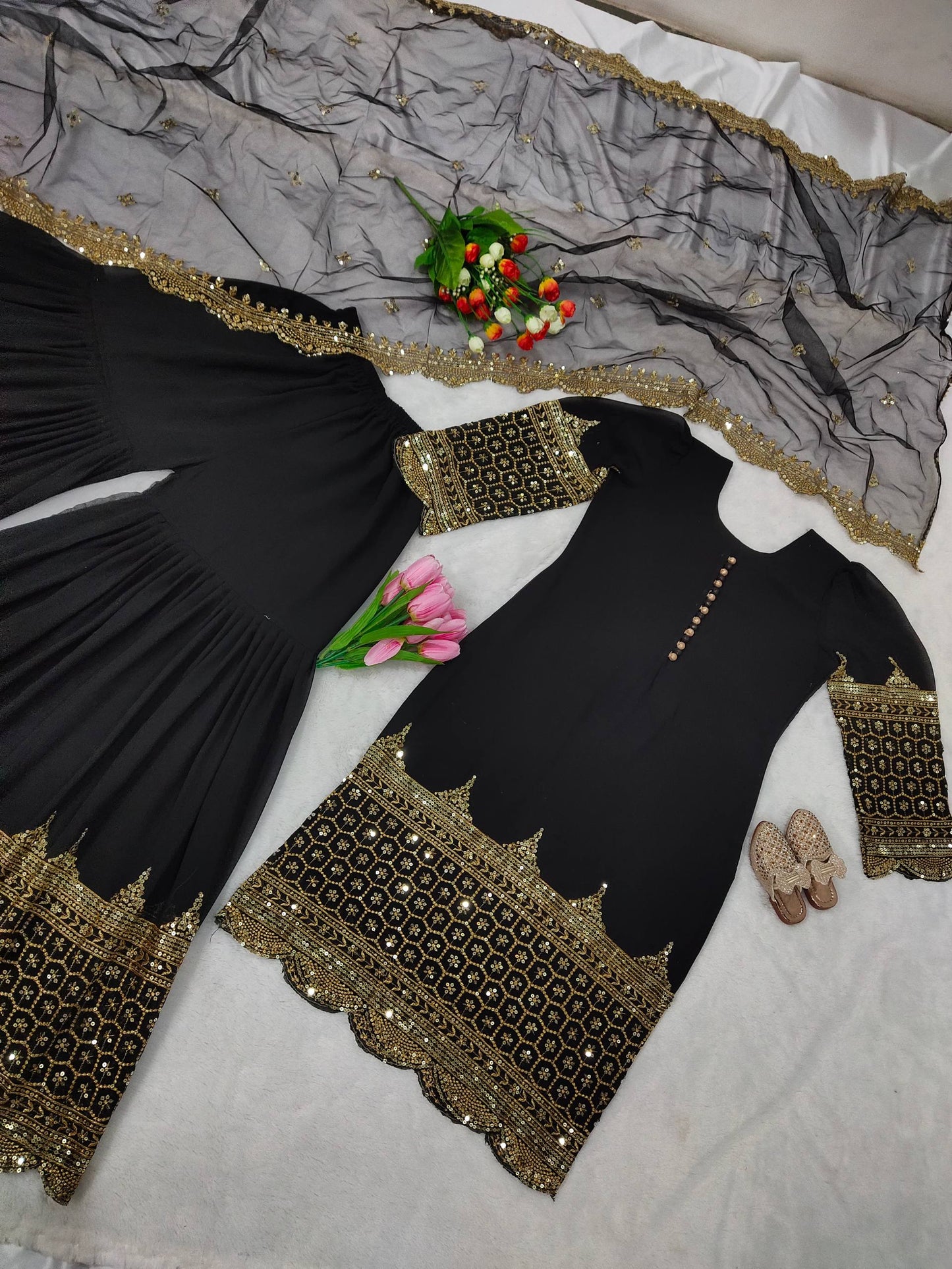 Black faux georgette embroidery sequence work top, sharara & dupatta