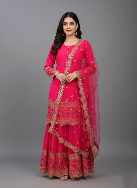 Rani faux georgette embroidery sequence work top, sharara & dupatta