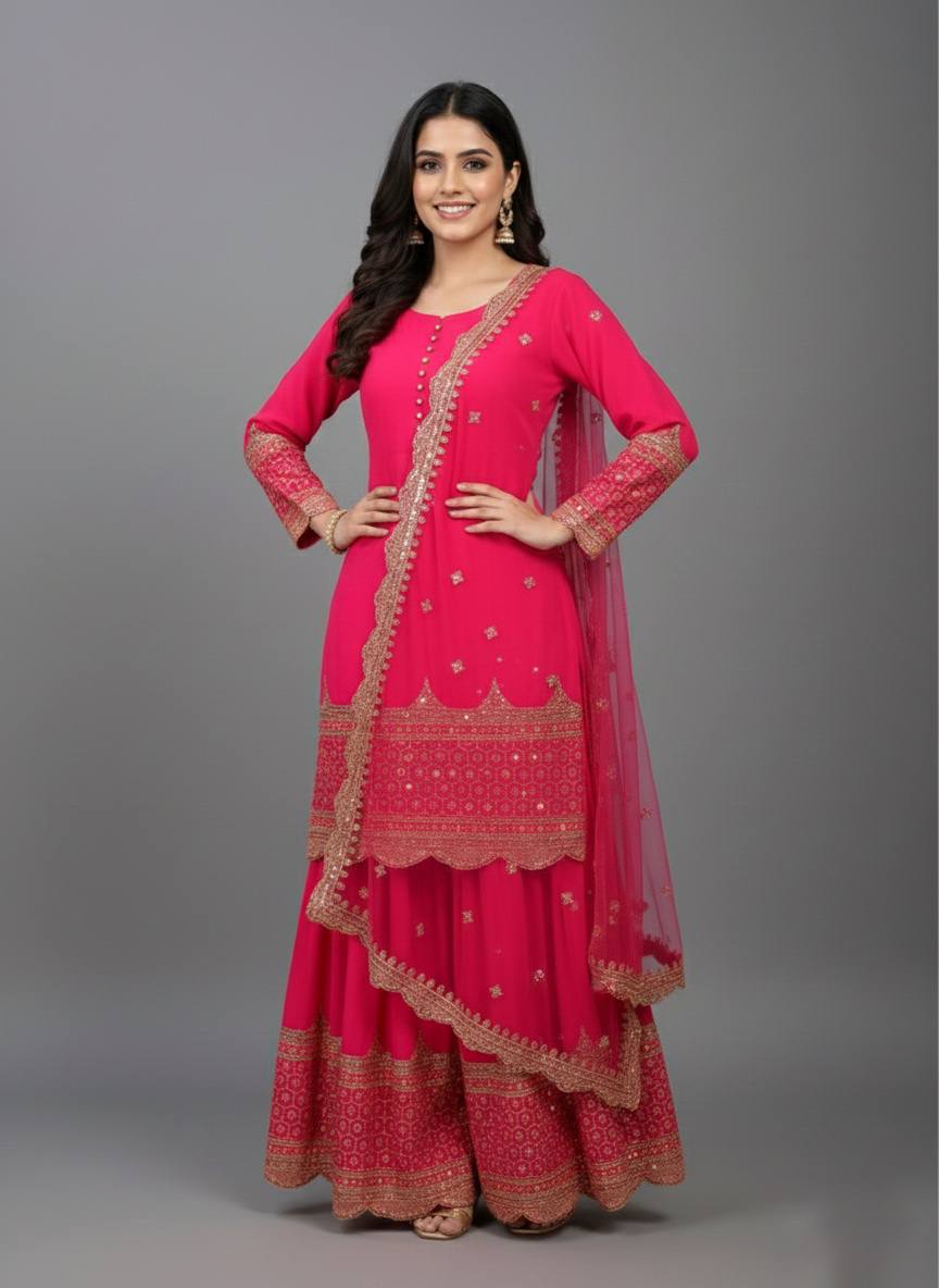 Rani faux georgette embroidery sequence work top, sharara & dupatta