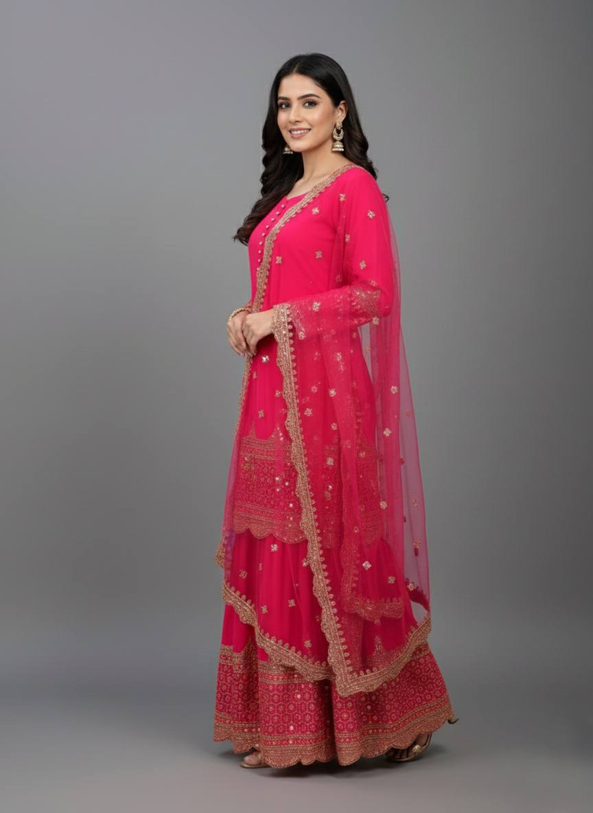 Rani faux georgette embroidery sequence work top, sharara & dupatta