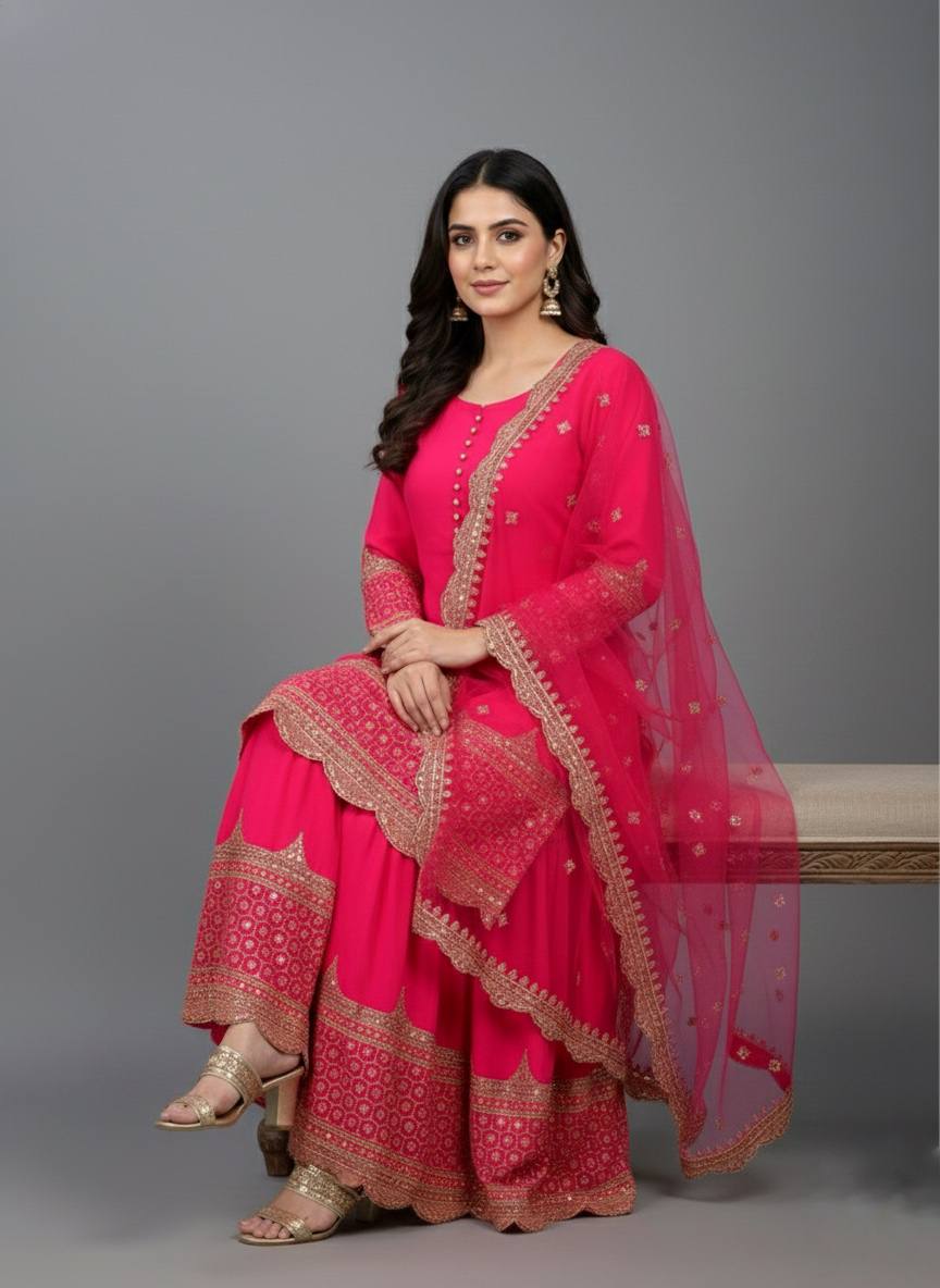 Rani faux georgette embroidery sequence work top, sharara & dupatta