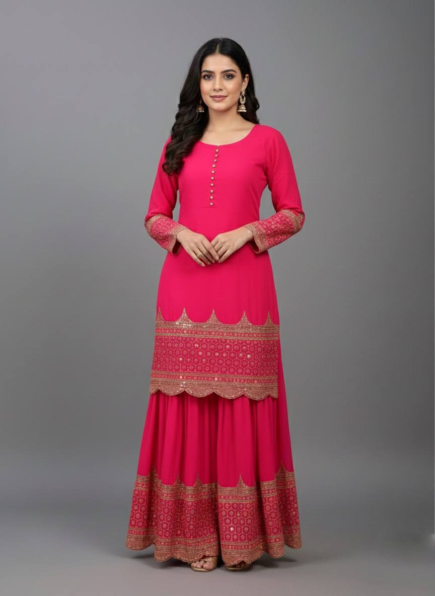 Rani faux georgette embroidery sequence work top, sharara & dupatta