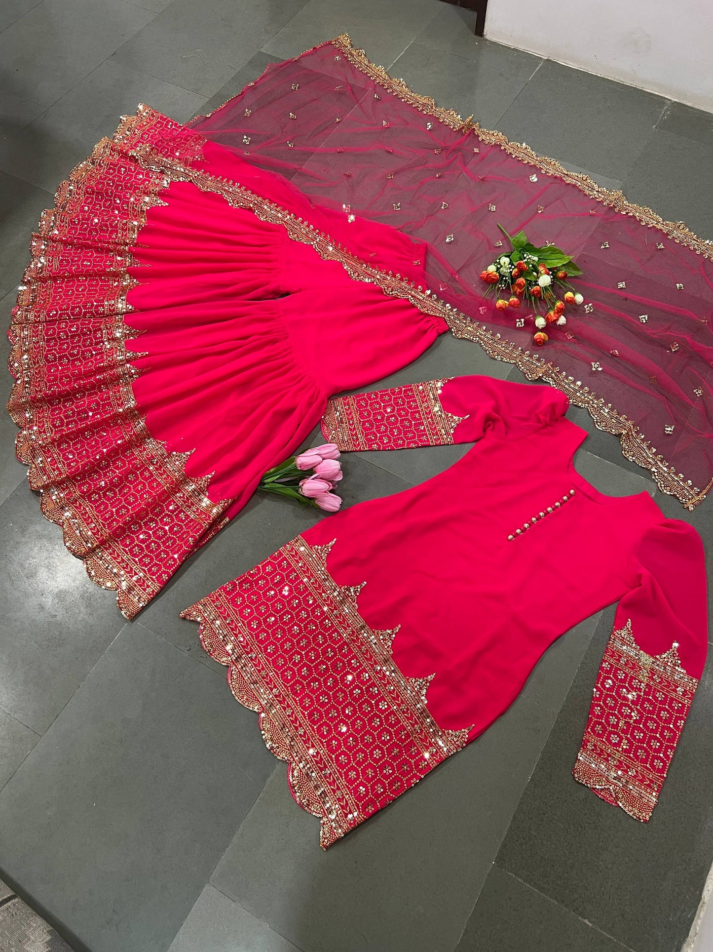 Rani faux georgette embroidery sequence work top, sharara & dupatta