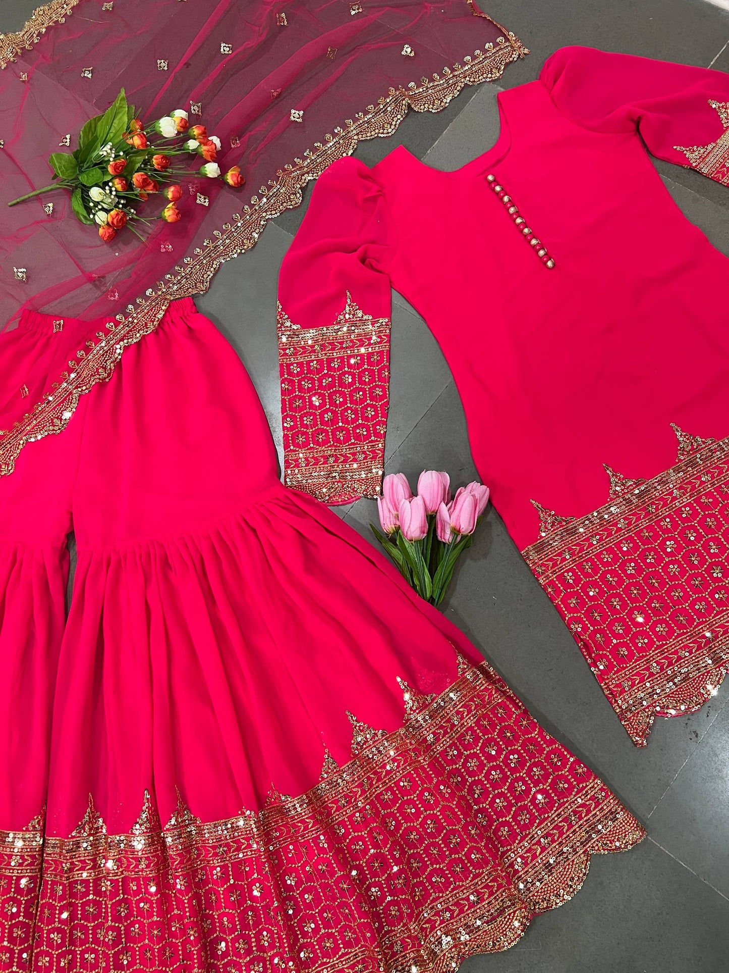 Rani faux georgette embroidery sequence work top, sharara & dupatta