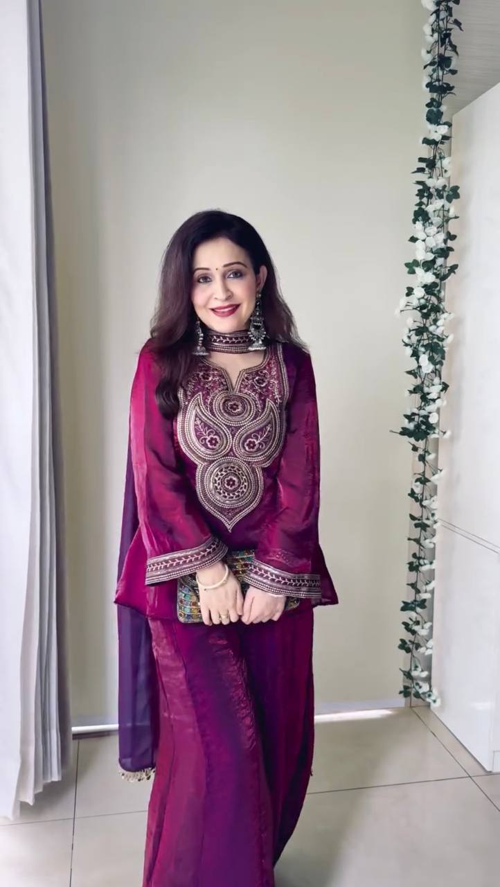 Purple Fendy Silk Top Sharara Set with Intricate Thread & Sequin Work and Dupatta