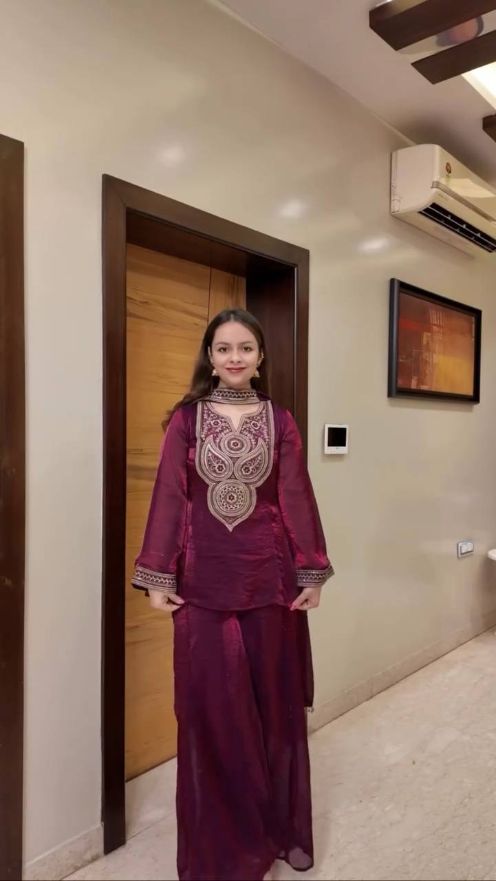 Purple Fendy Silk Top Sharara Set with Intricate Thread & Sequin Work and Dupatta