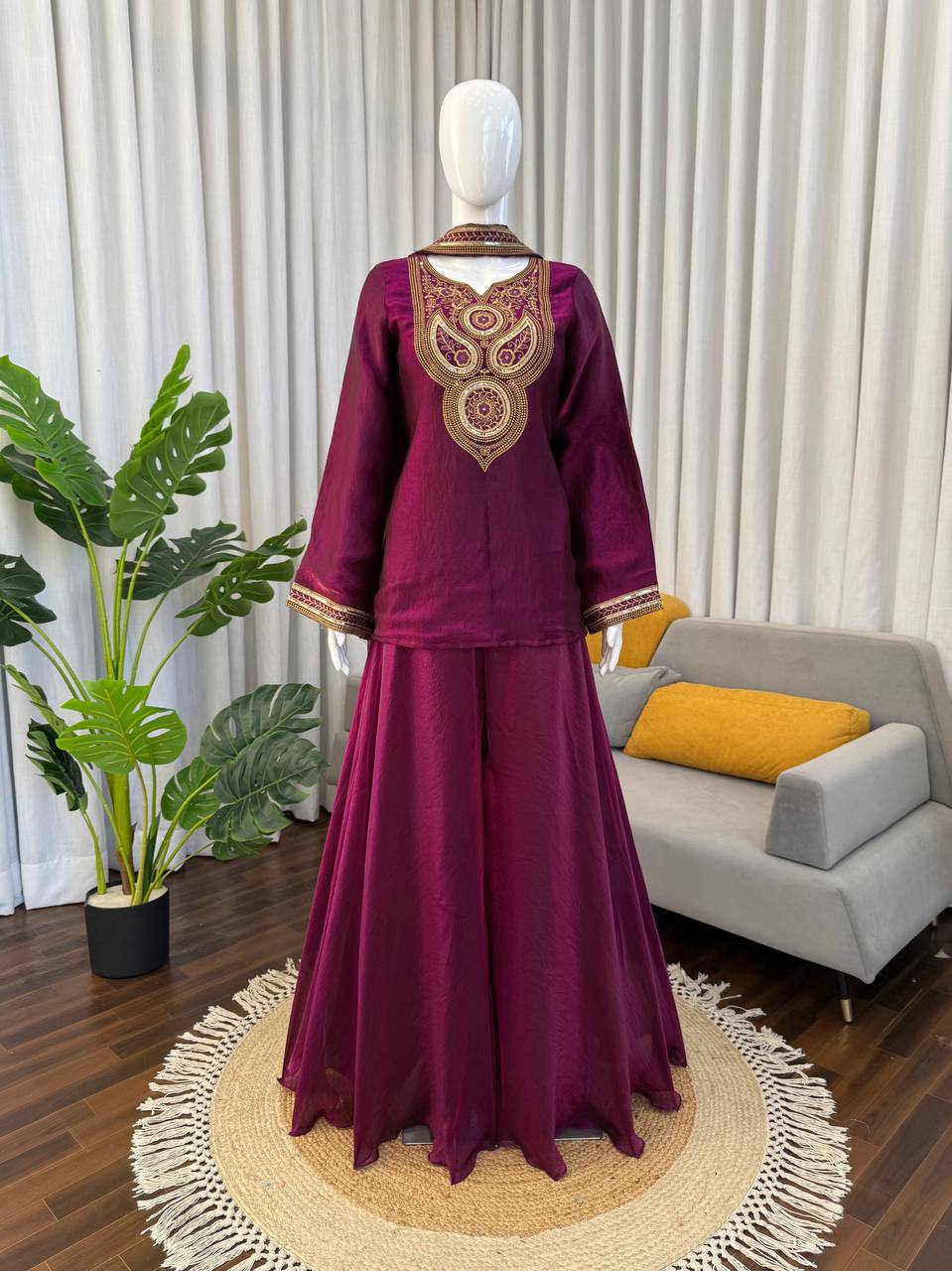 Purple Fendy Silk Top Sharara Set with Intricate Thread & Sequin Work and Dupatta