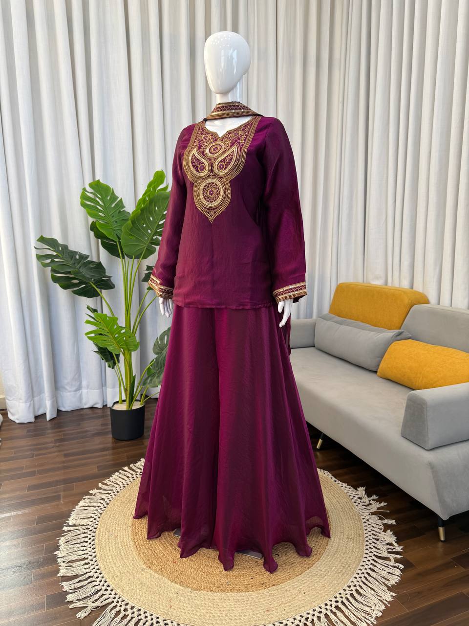 Purple Fendy Silk Top Sharara Set with Intricate Thread & Sequin Work and Dupatta