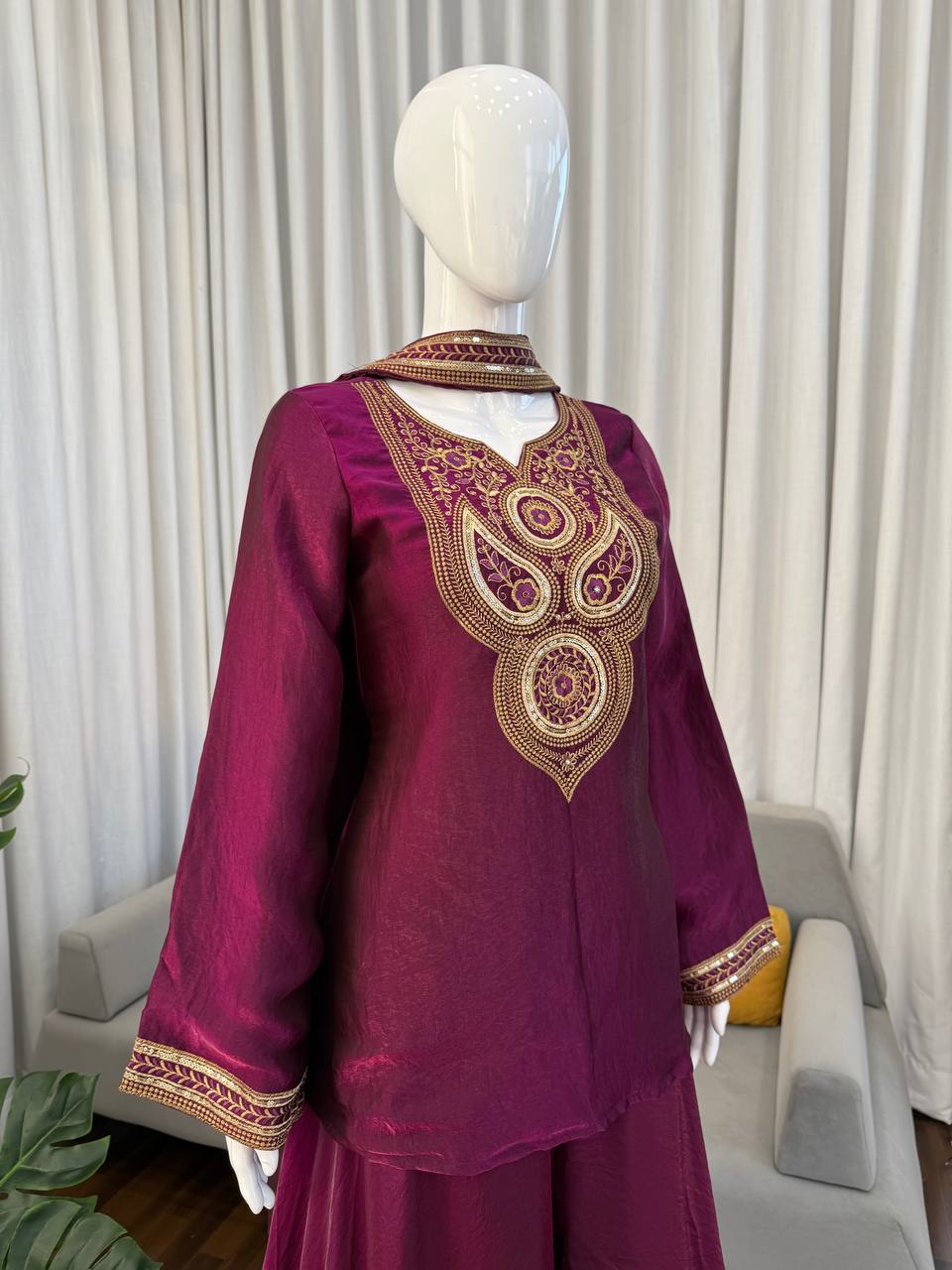 Purple Fendy Silk Top Sharara Set with Intricate Thread & Sequin Work and Dupatta