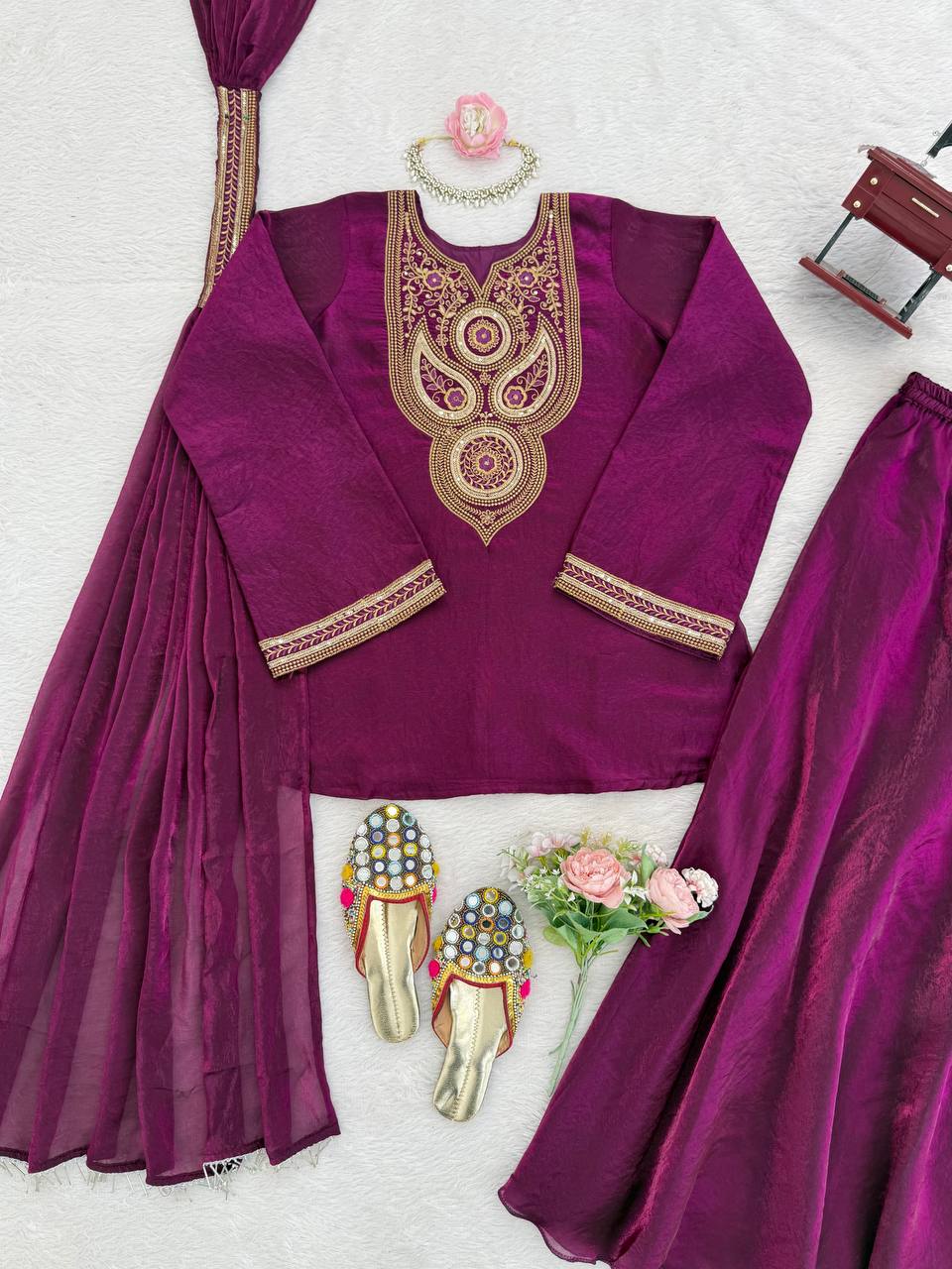 Purple Fendy Silk Top Sharara Set with Intricate Thread & Sequin Work and Dupatta
