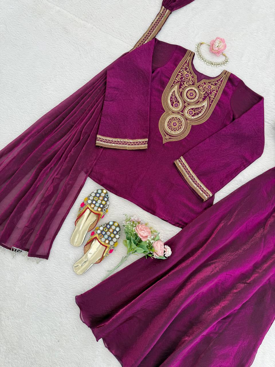 Purple Fendy Silk Top Sharara Set with Intricate Thread & Sequin Work and Dupatta