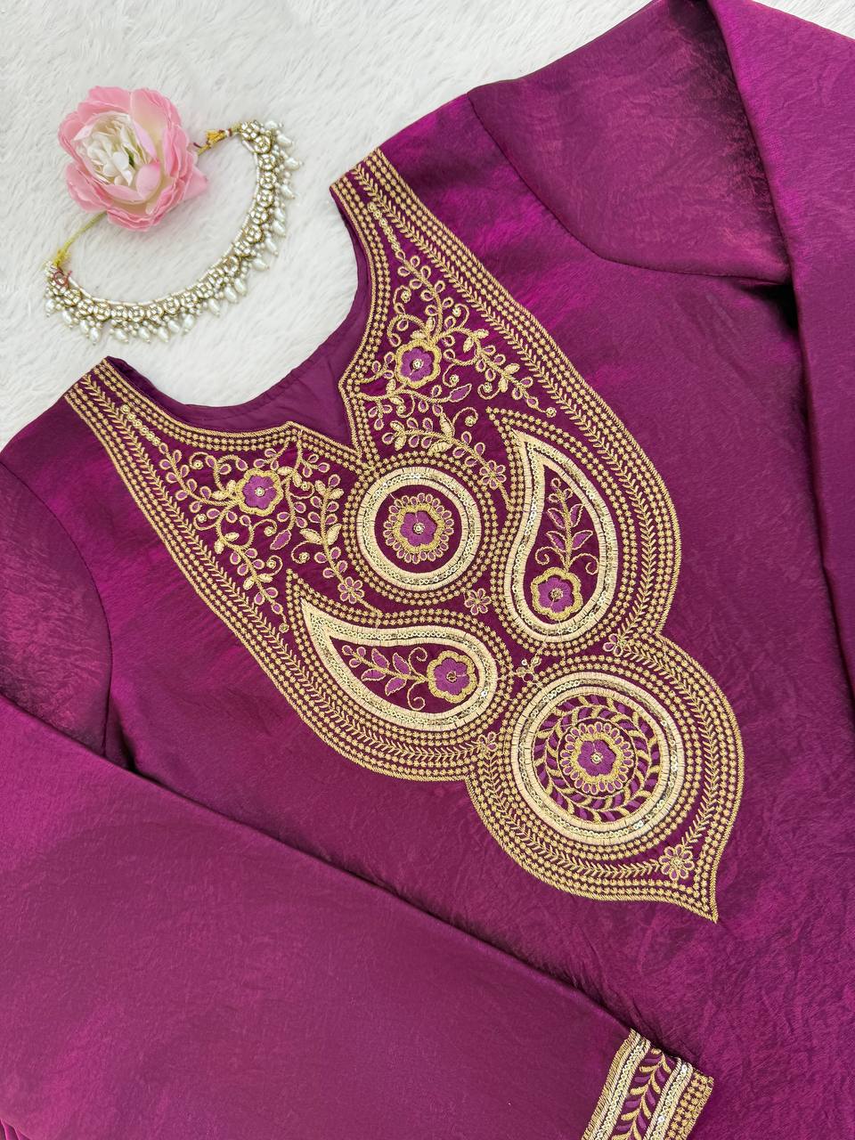Purple Fendy Silk Top Sharara Set with Intricate Thread & Sequin Work and Dupatta