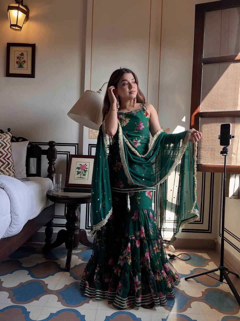 Green Faux Georgette Digital Print Top Sharara with Fancy Lace & Dupatta