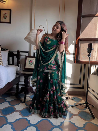 Green Faux Georgette Digital Print Top Sharara with Fancy Lace & Dupatta