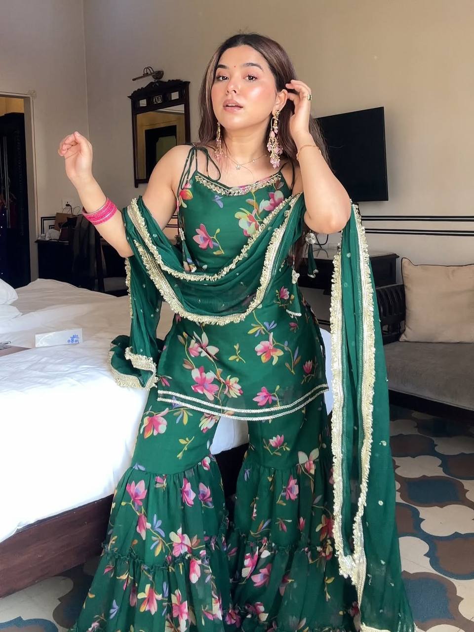 Green Faux Georgette Digital Print Top Sharara with Fancy Lace & Dupatta