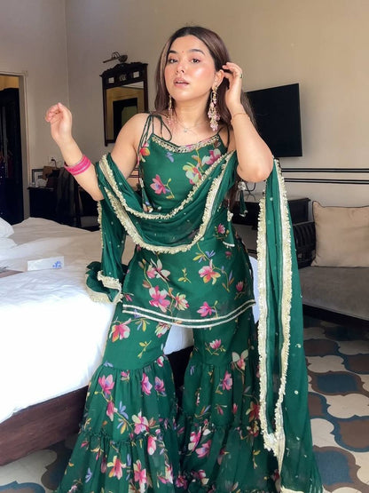 Green Faux Georgette Digital Print Top Sharara with Fancy Lace & Dupatta