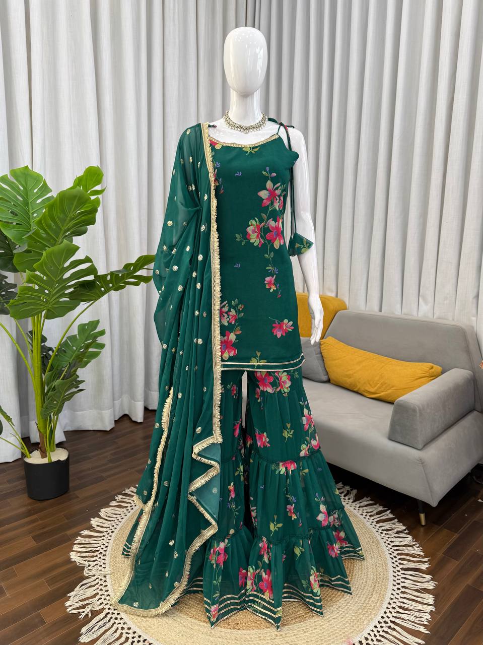 Green Faux Georgette Digital Print Top Sharara with Fancy Lace & Dupatta