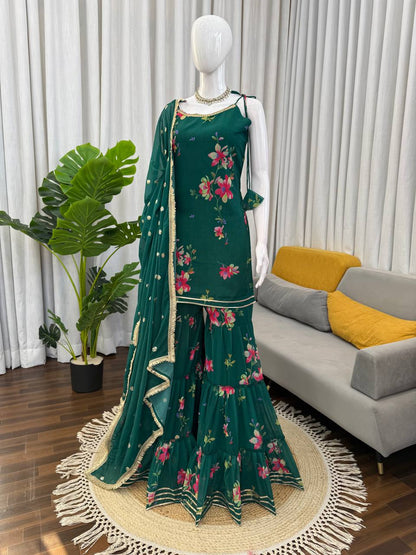 Green Faux Georgette Digital Print Top Sharara with Fancy Lace & Dupatta