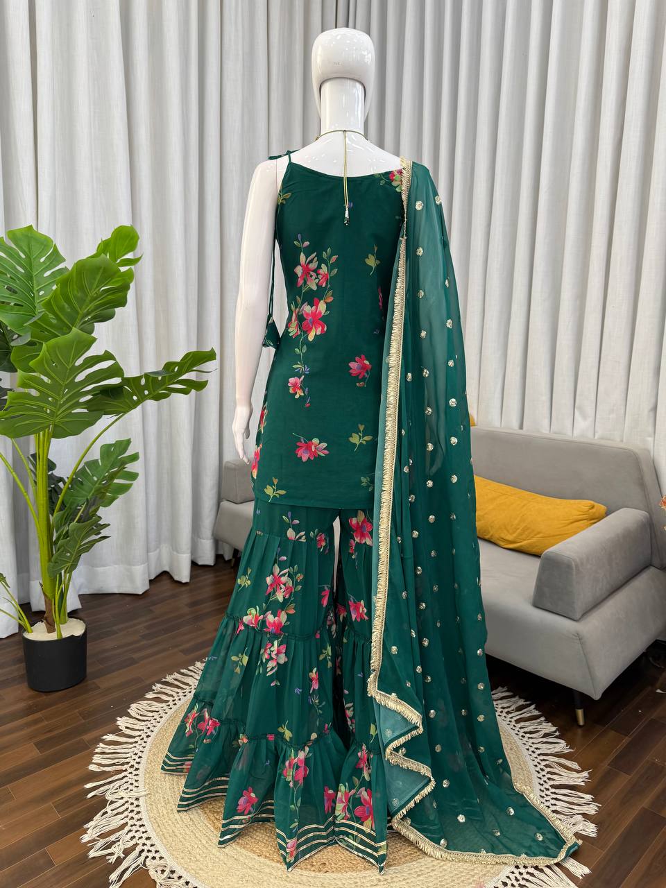 Green Faux Georgette Digital Print Top Sharara with Fancy Lace & Dupatta