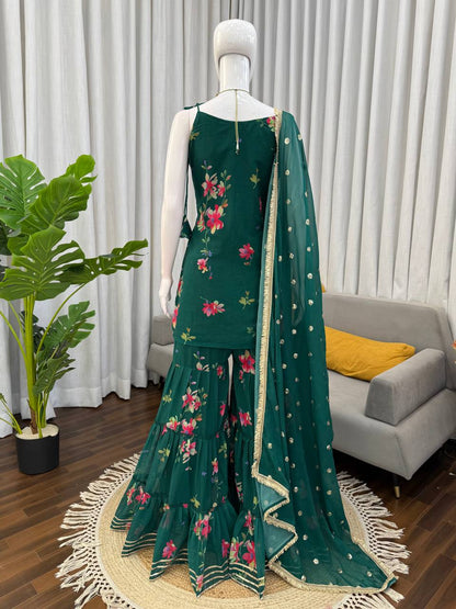 Green Faux Georgette Digital Print Top Sharara with Fancy Lace & Dupatta