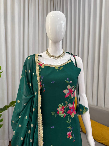 Green Faux Georgette Digital Print Top Sharara with Fancy Lace & Dupatta