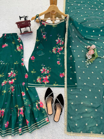 Green Faux Georgette Digital Print Top Sharara with Fancy Lace & Dupatta