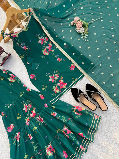 Green Faux Georgette Digital Print Top Sharara with Fancy Lace & Dupatta