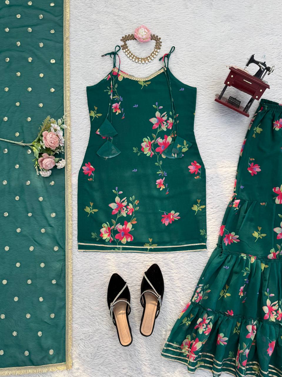 Green Faux Georgette Digital Print Top Sharara with Fancy Lace & Dupatta