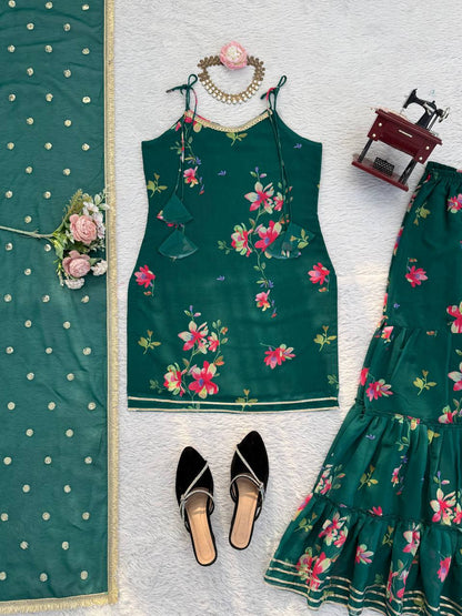 Green Faux Georgette Digital Print Top Sharara with Fancy Lace & Dupatta