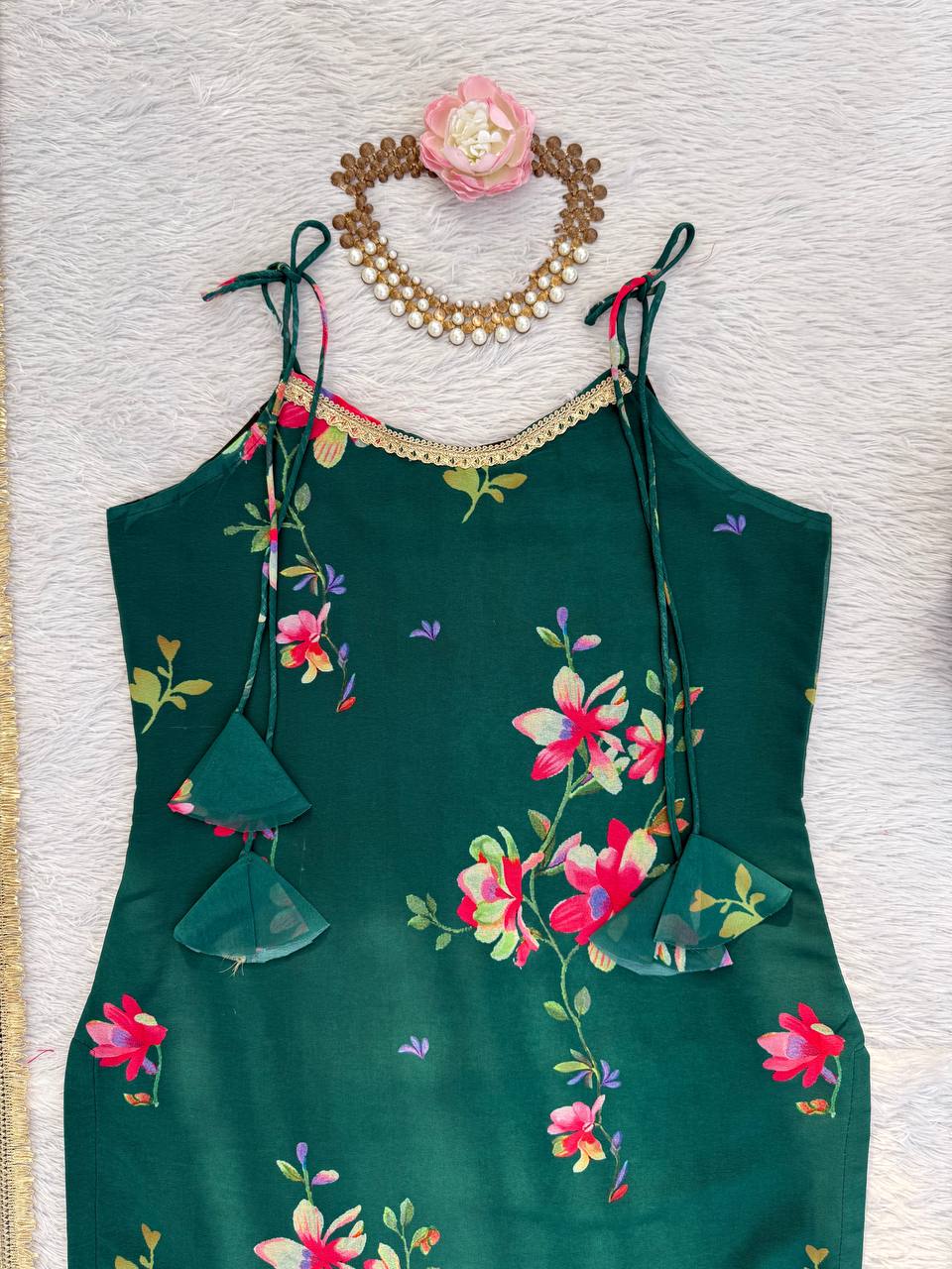 Green Faux Georgette Digital Print Top Sharara with Fancy Lace & Dupatta