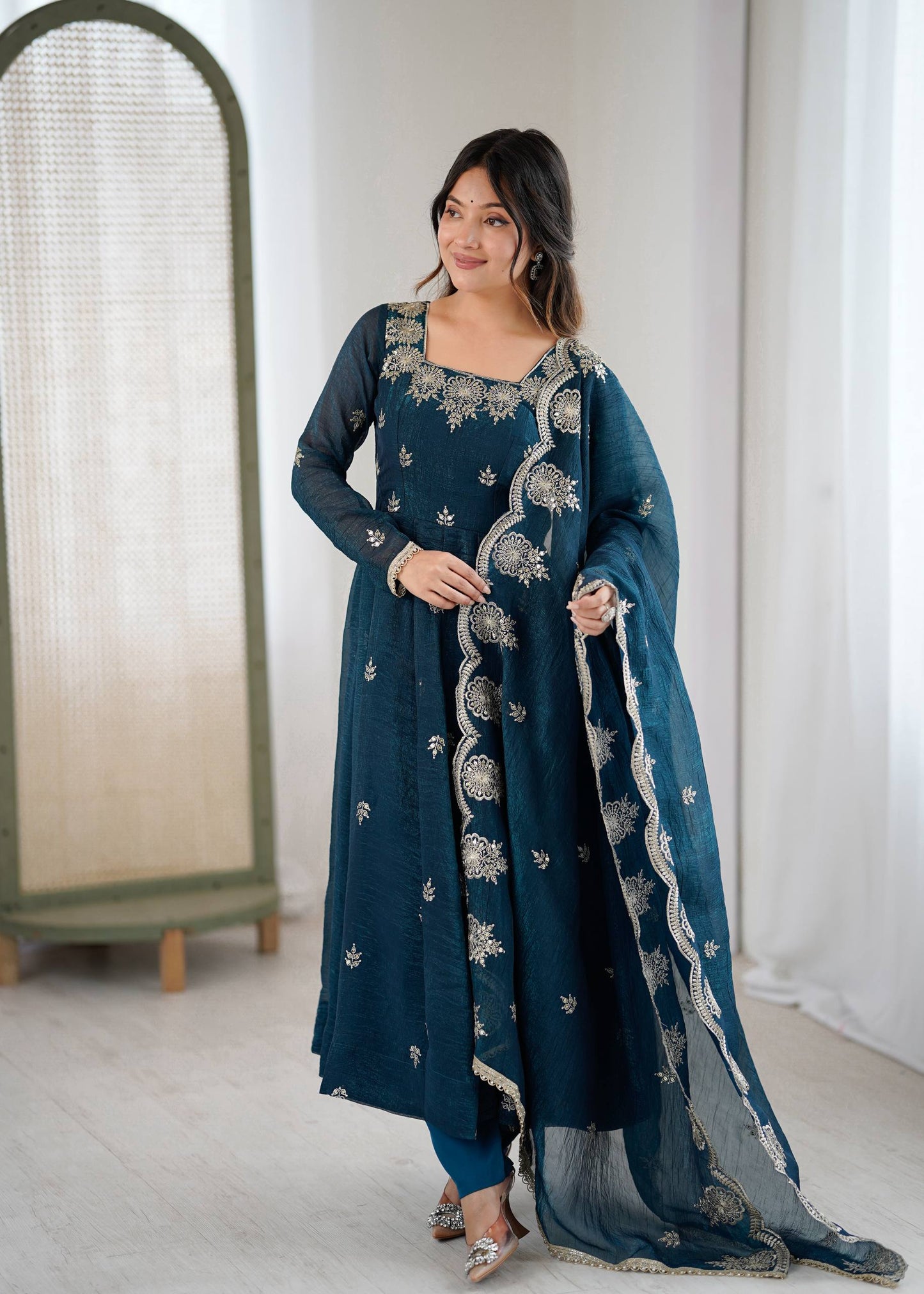 Sky blue crunchy silk embroidered sequence work anarkali set