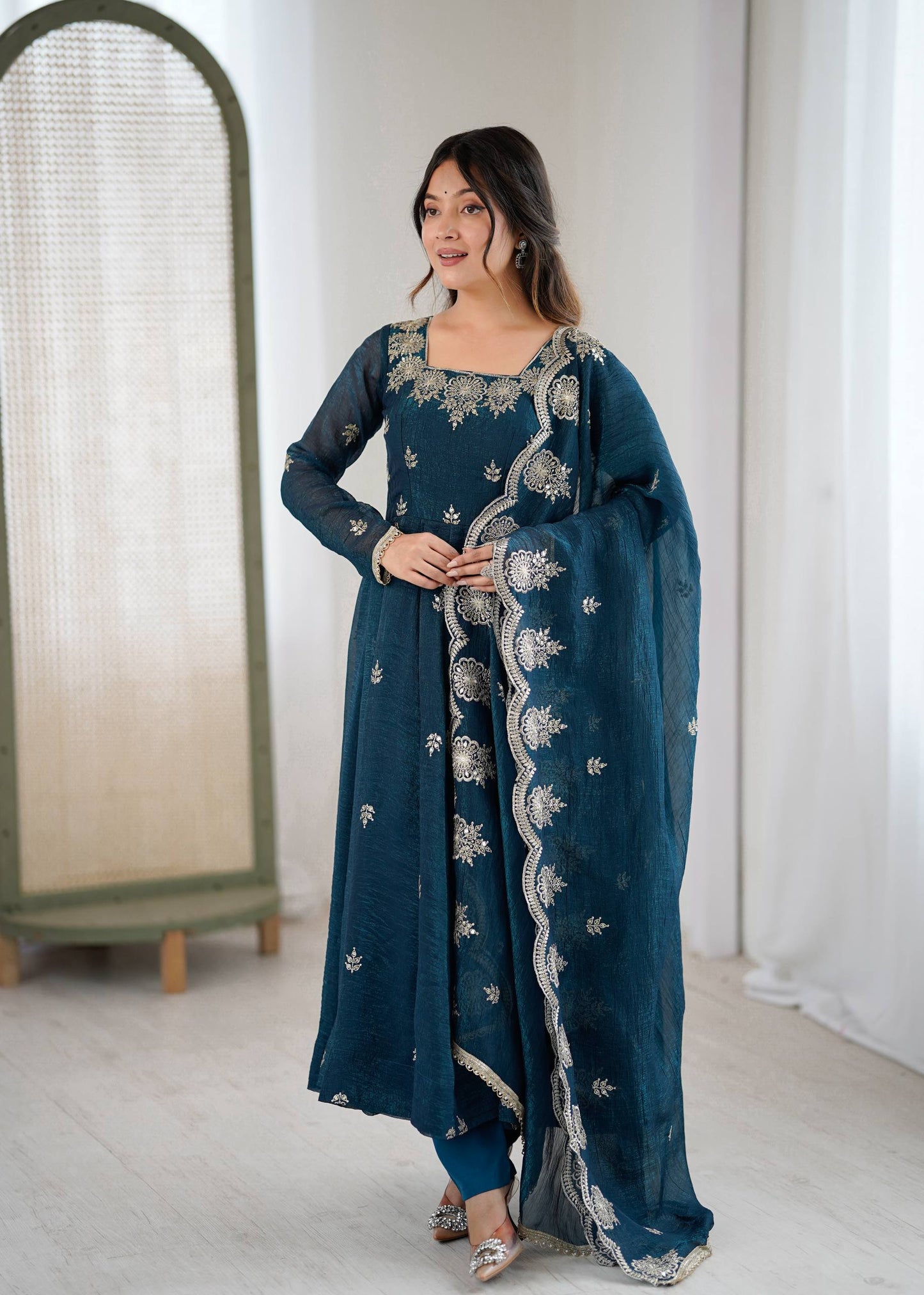 Sky blue crunchy silk embroidered sequence work anarkali set